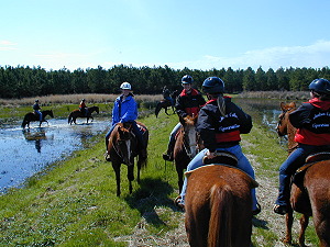 Riders on trail beside one of many lakes