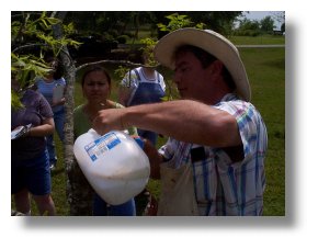 Amling pours Lindane insecticide to protect tissue from pests 